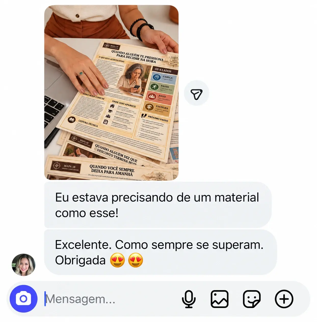 Mensagem de cliente com foto dos mapas: estava precisando de um material como esse e agradece.