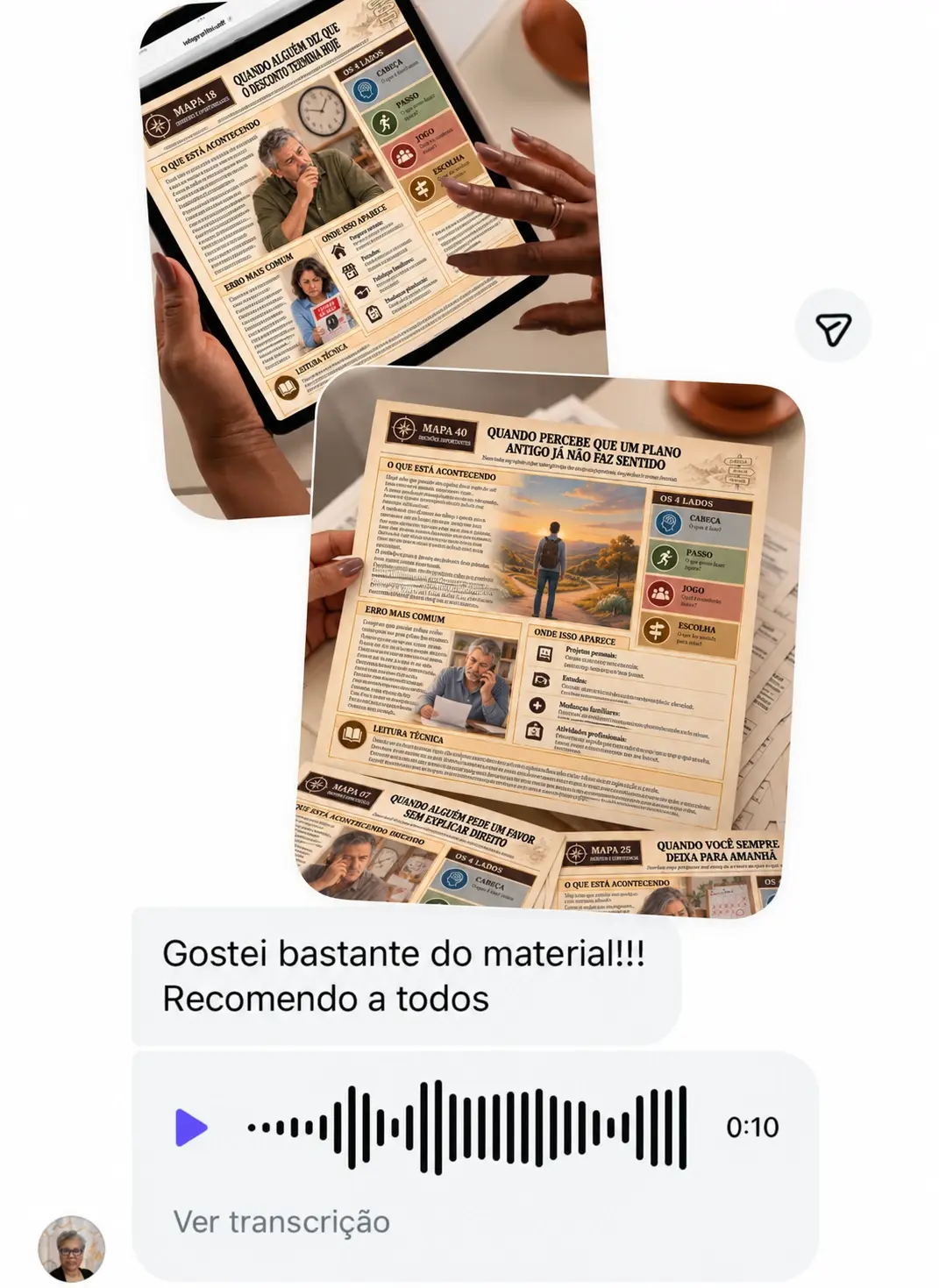 Mensagem de cliente com fotos dos mapas: gostou bastante do material e recomenda a todos.